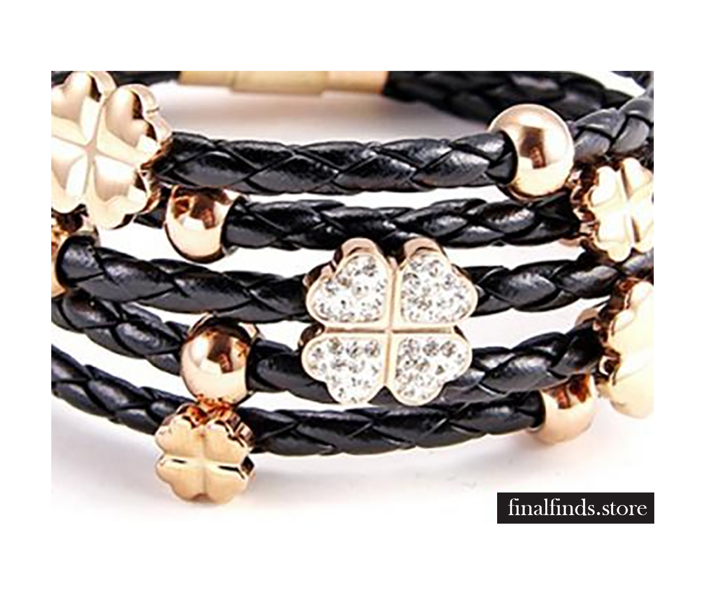 Zwart leren armband met gouden bloemetje - zwart NBNSG338